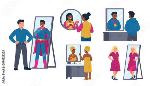 Fotografía People looking in mirror vector character reflection set