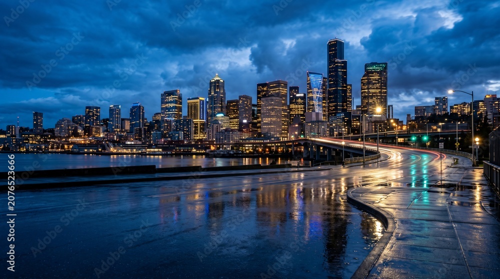 Fototapeta premium ​Seattle skyline at night with motion blur traffic lights and reflection on wet street after rain