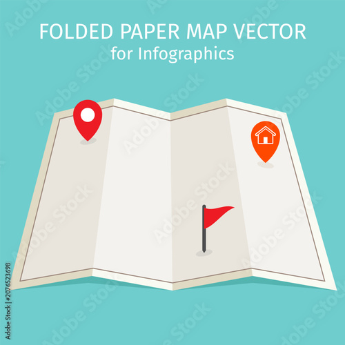 Folded Paper Map Infographic Element with Location Markers. Minimalist vector illustration for infographic design, navigation concepts, or travel presentations