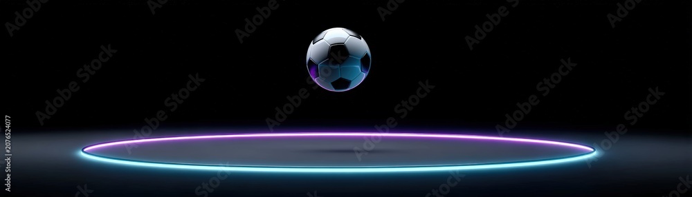 Naklejka premium A glowing soccer ball suspended above a neon-lit circular platform on a black background, goals achieved, football world cup banner