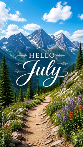 Title:

Hello July Mountain Trail Wildflowers Alpine Lake Pine Trees Blue Sky Summer Nature Scenic Landscape Greeting Poster