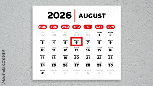 Red cursor highlighting August 6th on a 2026 wall calendar page