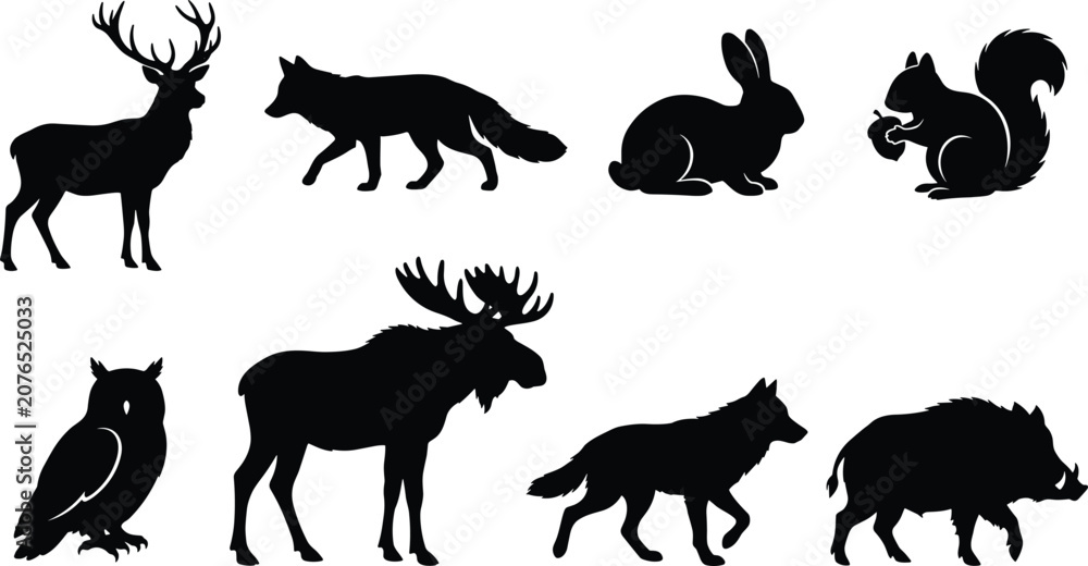 Obraz premium Forest Wildlife Animal Silhouette Collection Featuring Deer Wolf Moose and Owl