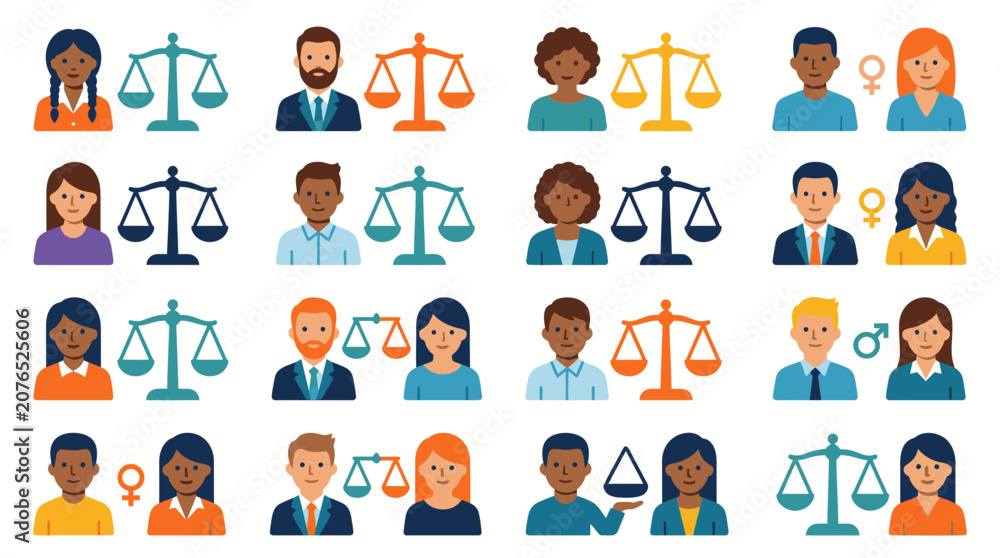 Fototapeta premium Diversity and social justice icons featuring multicultural people and scales.