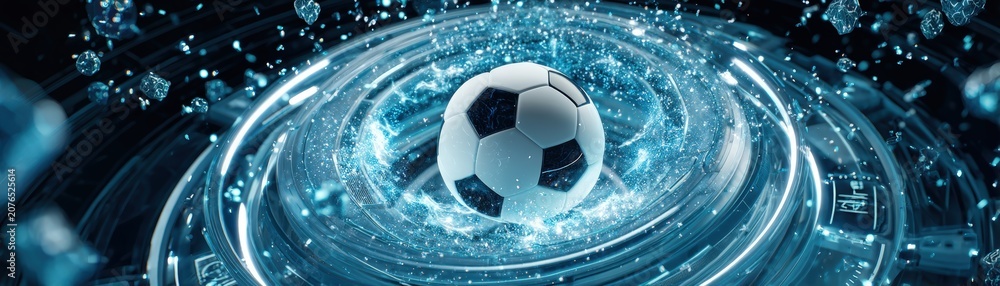 Naklejka premium A soccer ball surrounded by a swirling digital vortex of blue light and data, symbolizing the fusion of sports and technology, goals achieved, football world cup banner