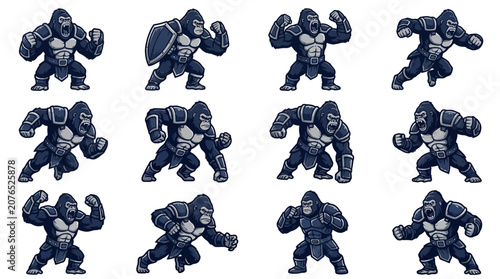 Foto Armored gorilla warrior characters in combat poses.