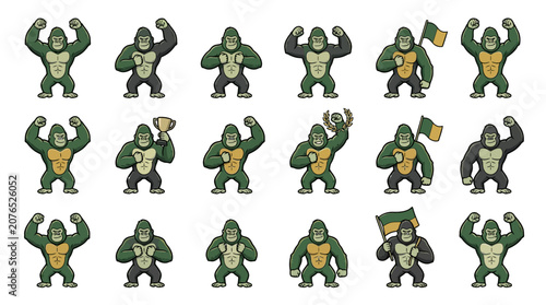 Canvas Print Athletic gorilla cartoon characters in various sports poses.