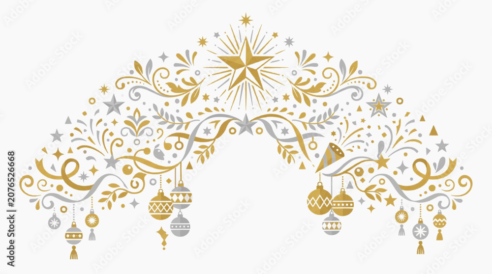 Fototapeta premium Festive Golden Ornament Archway: A beautiful, ornate archway design adorned with twinkling stars, swirling foliage, and decorative baubles in shimmering gold and silver.
