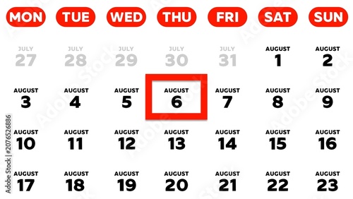 Close-up of August 6th date marked with a red cursor on a 2026 wall calendar
