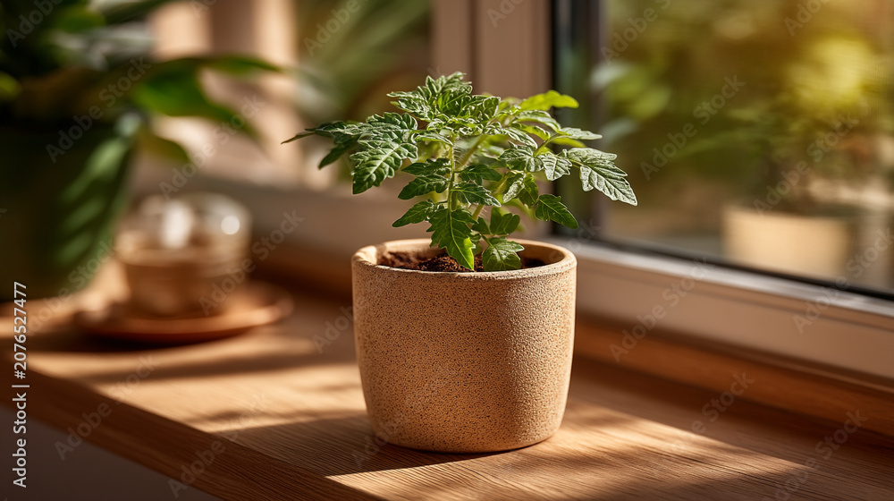 Fototapeta premium Small green plant in a textured ceramic pot on a sunny wooden windowsill with houseplant, sunlight