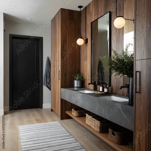 Luxury bathroom interior featuring matte black fixtures and wood photo