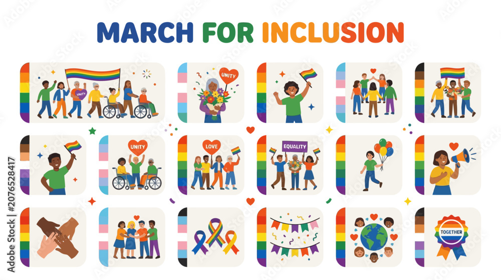 Fototapeta premium Diversity and Inclusion March People Celebrating Together with Pride Flags, Hearts, and Rainbows