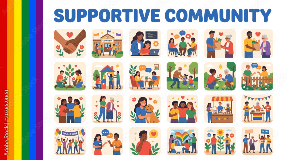 Fototapeta premium Diverse and inclusive community support illustrations showing connection, care, and belonging within a vibrant social setting