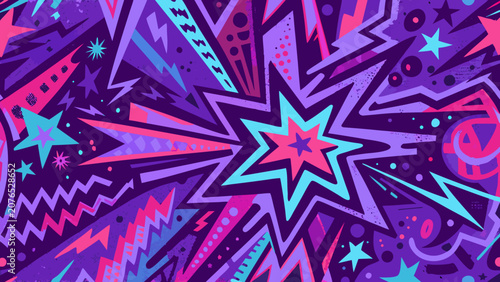 Abstract explosion pattern with jagged starbursts lightning bolts and geometric shapes in purple and pink burst starburst
