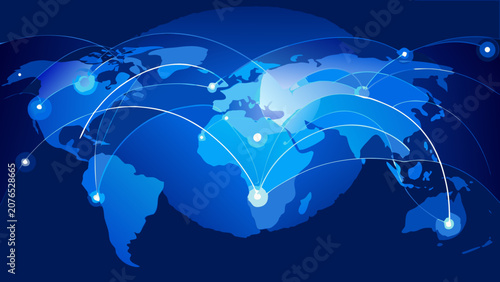 A world map illustration with connecting lines and glowing points rendered in shades of blue global network
