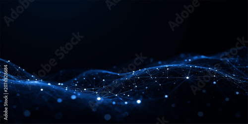 Fotografie Abstract blue glowing particle wave with luminous network lines, futuristic plex