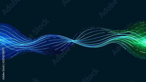 Wavy lines in shades of blue and green create a flowing vector pattern on a dark background