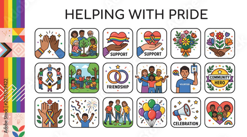 Pride Month vector icons with symbols of support, community, and celebration for LGBTQ+ awareness