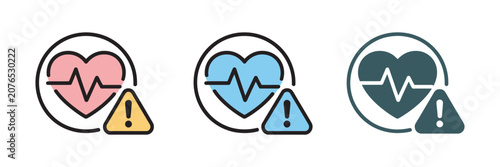 heart disease icon set multi style collection featuring cardiovascular health, medical care, ECG and heart condition symbols in outline, solid and flat styles