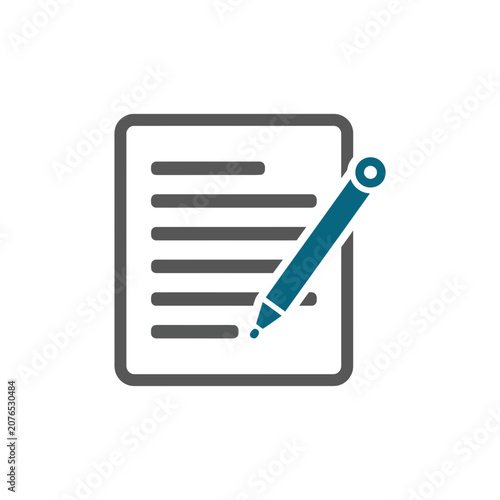 Writing Document Icon with Pen, Flat Design, Isolated on White