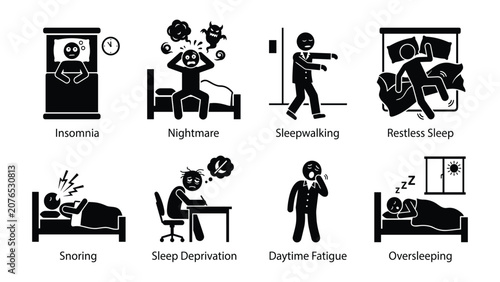 Photos Icons set vector stick figure pictograms illustrating common sleeping problems: