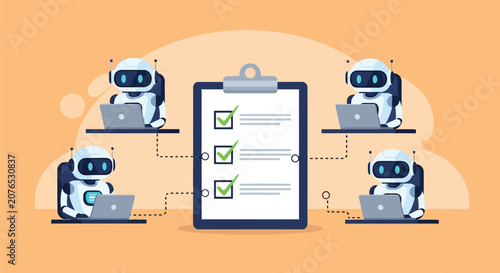 Robots working on laptops connected to a central checklist clipboard