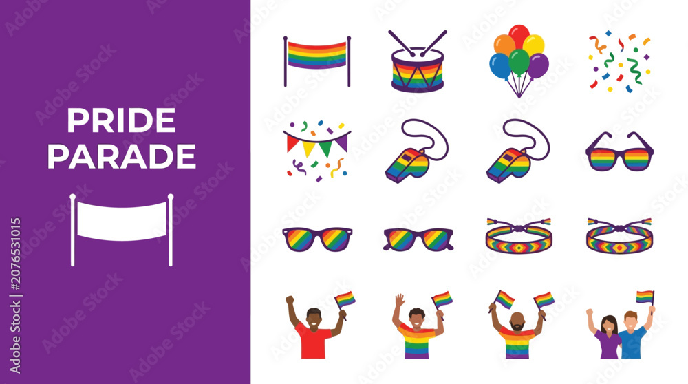 Fototapeta premium PRIDE PARADE - Rainbow Flags, Drums, Balloons, Sunglasses, and Confetti Icons for Festive Celebrations and Events
