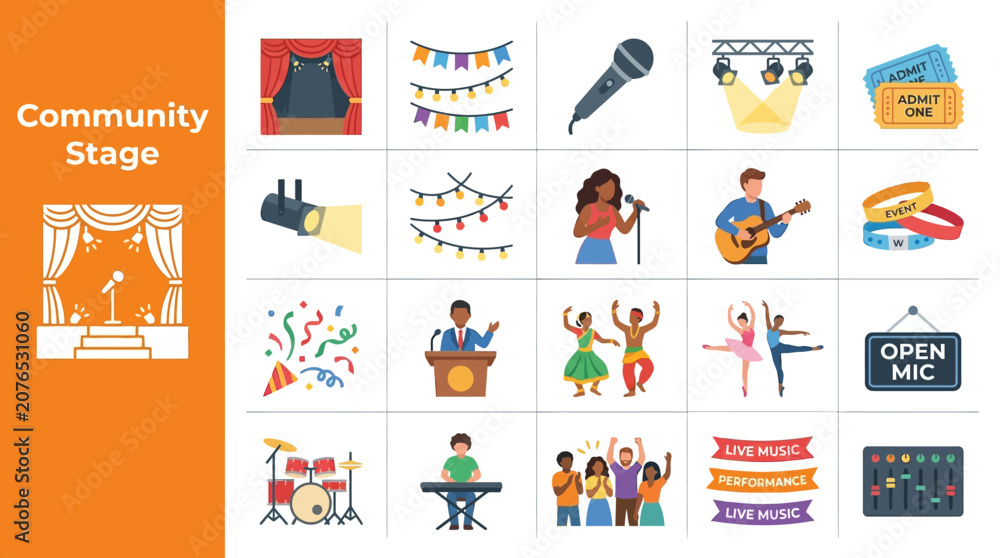 Fototapeta premium Community Stage icons and illustrations for events, performances, and music, featuring musicians, singers, dancers, and open mic nights, with party decorations and lighting