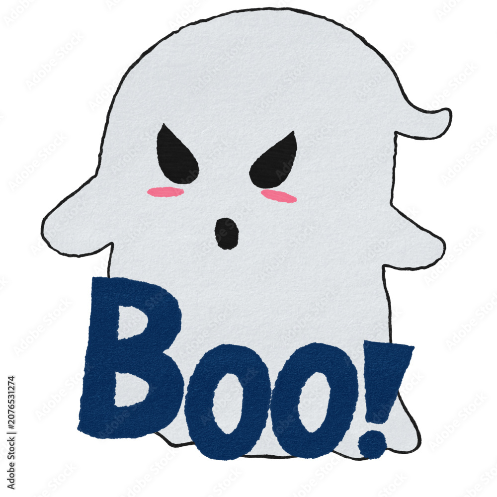Fototapeta premium Cute Angry Ghost with Navy Blue Boo Text, Hand Drawn Illustration for Halloween Sticker