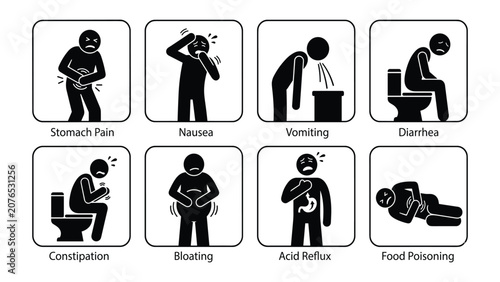 Foto Human digestive problems and stomach illness symptoms icon set