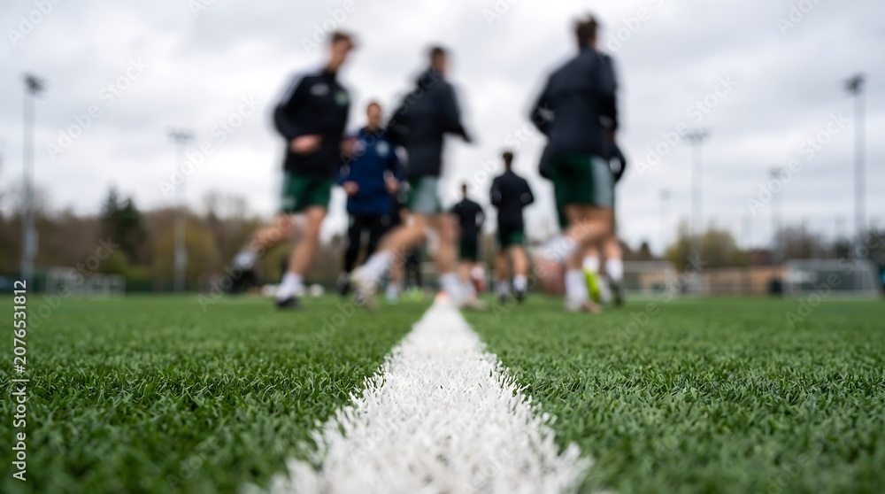 Obraz premium Group of young male soccer players running across green turf field with sharp focus on white painted boundary line during outdoor practice session on overcast day with blurred background