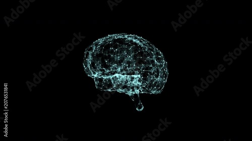 A slow 3D animation of a glowing cyan wireframe brain. Representing a neural network, its interconnected nodes pulse with energy against a black backdrop, symbolizing AI and data process