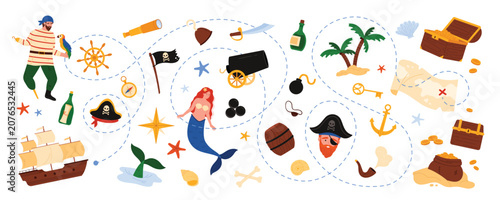 Hidden gold pirate treasures hunt set on route line to old map destination point. fun adventure of tropical island exploration, wooden chest and buccaneers ship, compass cartoon vector illustration