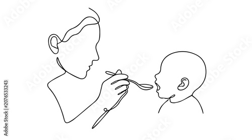 Parent feeding baby with plastic spoon. Continuous one line art vector graphic. Motherhood and infant nutrition concept isolated on white background
