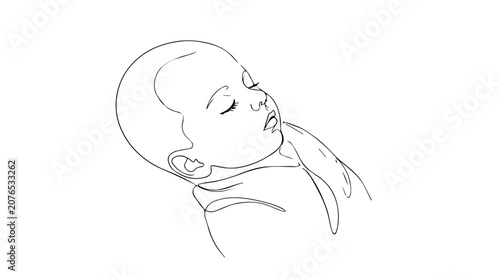 Newborn sleeping during daylight. Continuous one line art vector graphic. Infant face portrait isolated on white background