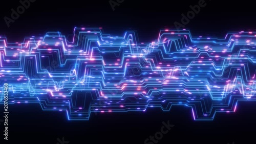 Looped blue and purple glowing lines moving on a black background create a technological and futuristic abstract motion graphic