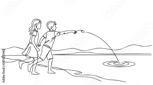 Kids skipping stones by lake. Continuous one line drawing of children playing near water. Minimalist vector graphic isolated on white background