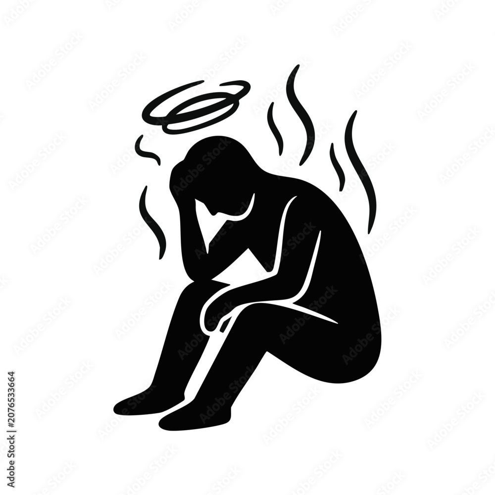 Fototapeta premium Heat exhaustion silhouette icon. Vector illustration of a dizzy person suffering from heat stroke. Medical symptom and extreme hot weather concept isolated