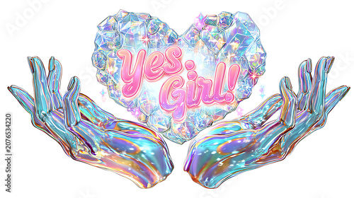 Hands uplift a dazzling crystal heart with empowering Yes girl text for women