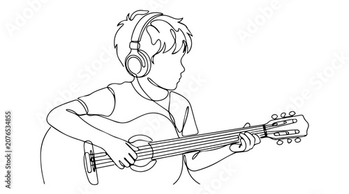 Boy playing acoustic guitar with headphones. Continuous line drawing of child practicing music. Minimalist vector graphic
