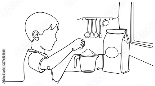 Boy measuring flour in kitchen. Continuous line drawing of child baking and cooking. Minimalist vector graphic
