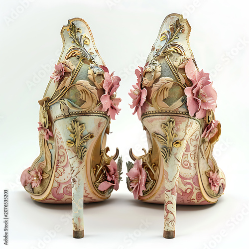 Ornate rococo high heels with pink flowers and gold scrollwork on display