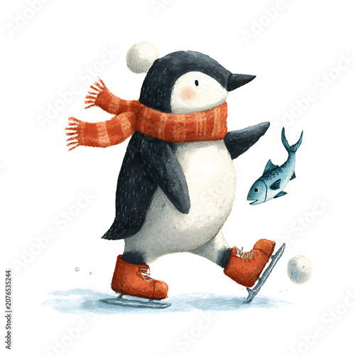 Penguin in a striped red scarf and orange skates gliding on an icy surface with a fish
