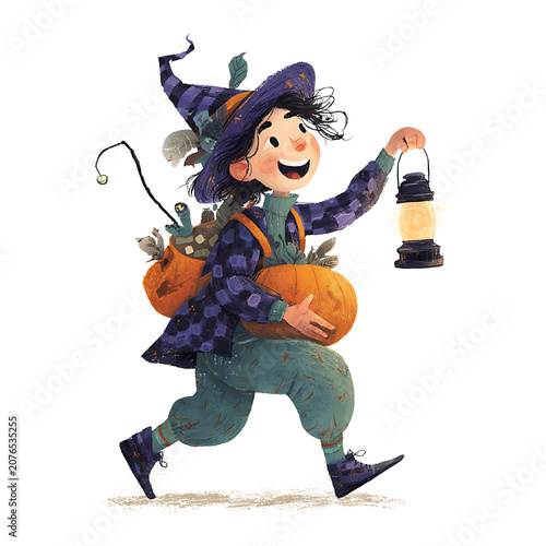 Playful witch character carries pumpkins and a bright lantern for autumn