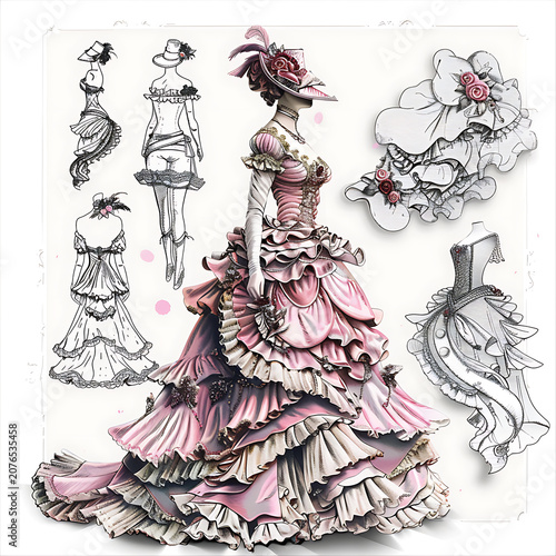 Victorian era elaborate pink ruffled gown and matching hat with accompanying fashion design sketches