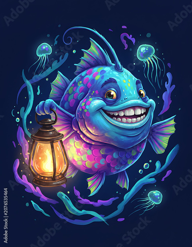 Smiling fish illuminates dark ocean depths with a warm glowing lantern