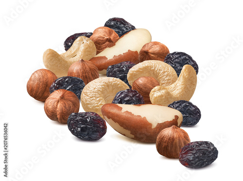 Group of brazil nuts, hazelnuts, cashew and raisin isolated on white background. Real photography.
