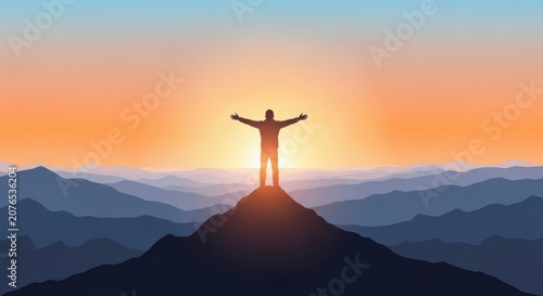 A triumphant figure standing atop a mountain at sunrise with arms outstretched