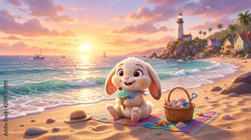Whimsical baby bunny eating ice cream on a tropical beach, cute rabbit character at sunset, coastal summer vacation scene with lighthouse