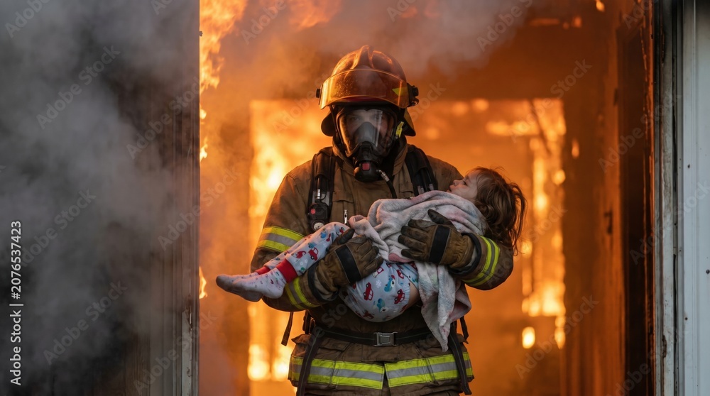 Obraz premium A firefighter in gear carries a young child out of a burning structure. Smoke and flames surround them. The scene shows a vital rescue during a fire alarm and emphasizes safety